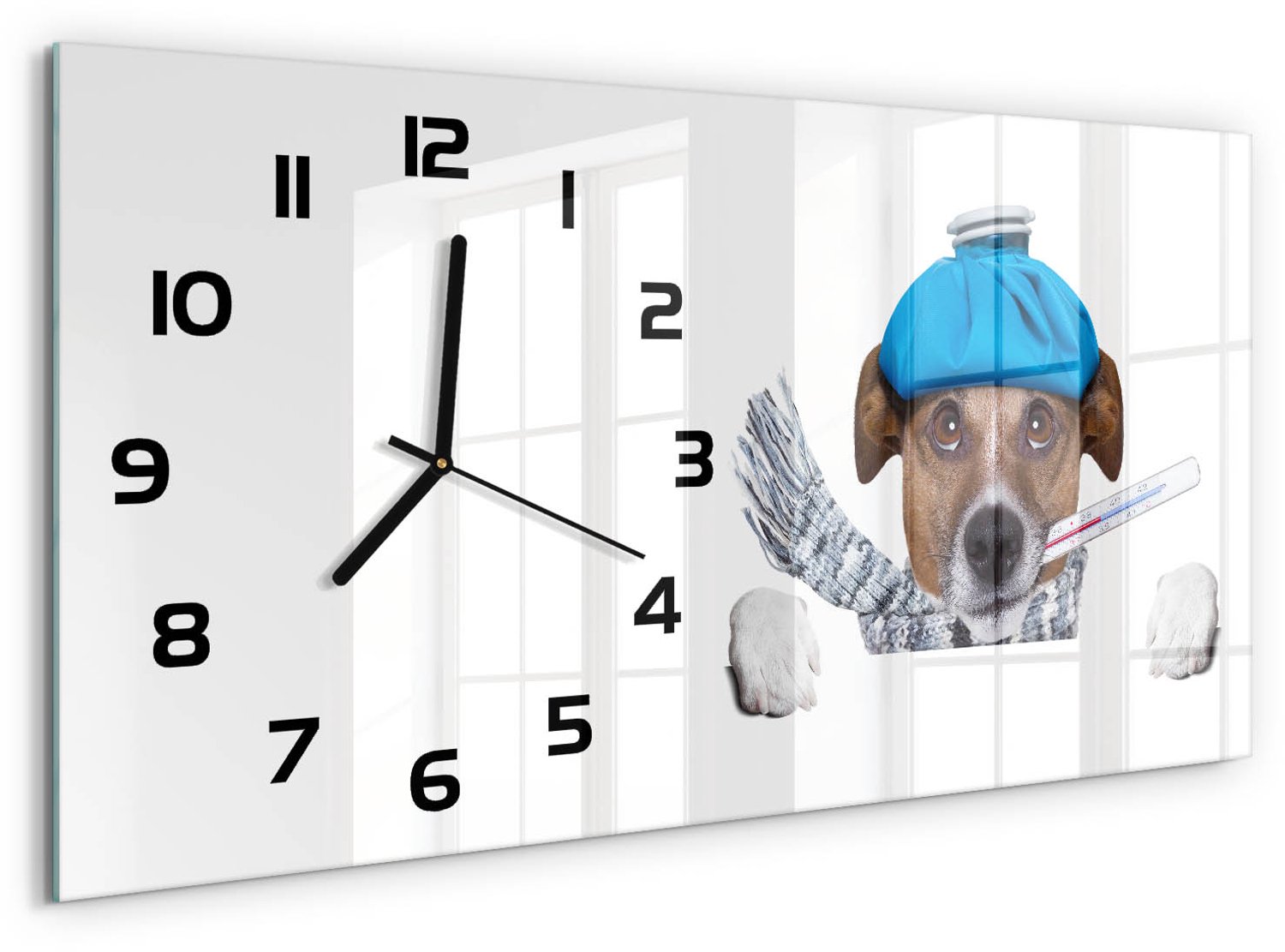 TULUP Wandklok - Zieke hond Moderne Wandklok Glas - 60x30 cm - Blauw Wandklok Glas Decoratie - Zwarte handen - Rechthoekige Klok - Glazen Wandklok Design - Klok Glas Met Opdruk