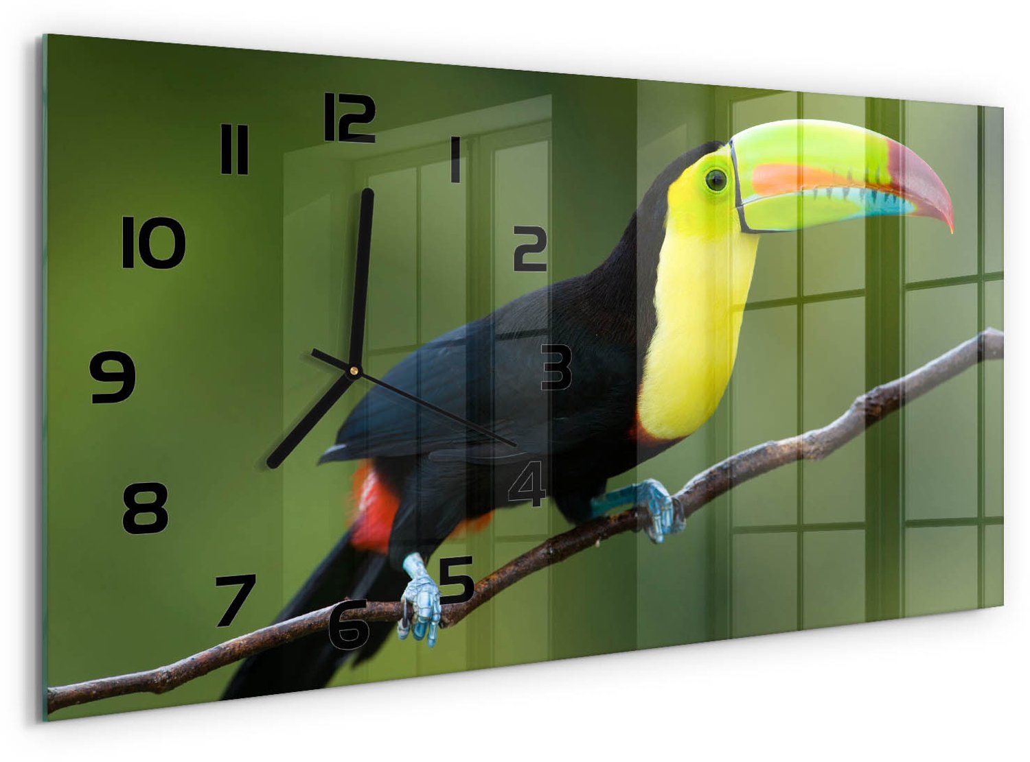 TULUP Wandklok - Toekan Moderne Wandklok Glas - 60x30 cm - Veelkleurig Wandklok Glas Decoratie - Zwarte handen - Rechthoekige Klok - Glazen Wandklok Design - Klok Glas Met Opdruk