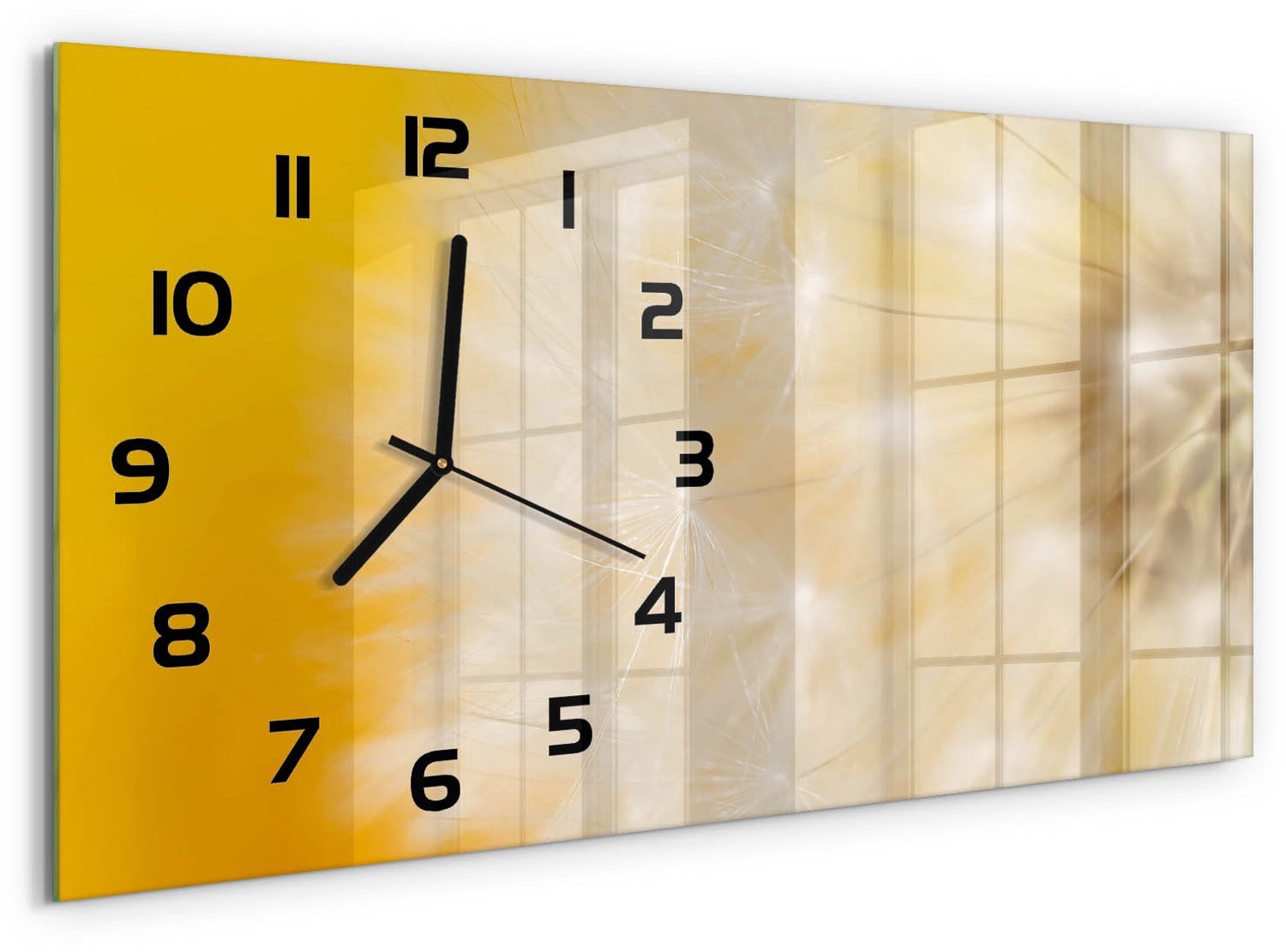 TULUP Wandklok - Paardebloem Decoratieve Glazen Klok - 60x30 cm - Geel Glazen Wandklok Design - Zwarte handen - Rechthoekige Klok - Glazen Klok Met Print - Wandklok Glas Met Motief