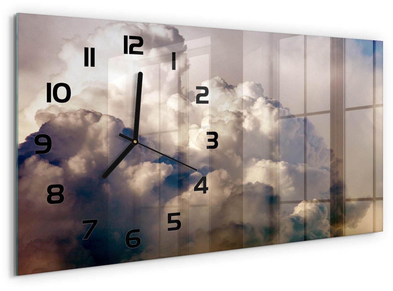 TULUP Wandklok - Wolken aan de hemel Decoratieve Glazen Klok - 60x30 cm - Wit Glazen Wandklok Design - Zwarte handen - Rechthoekige Klok - Glazen Klok Met Print - Wandklok Glas Met Motief