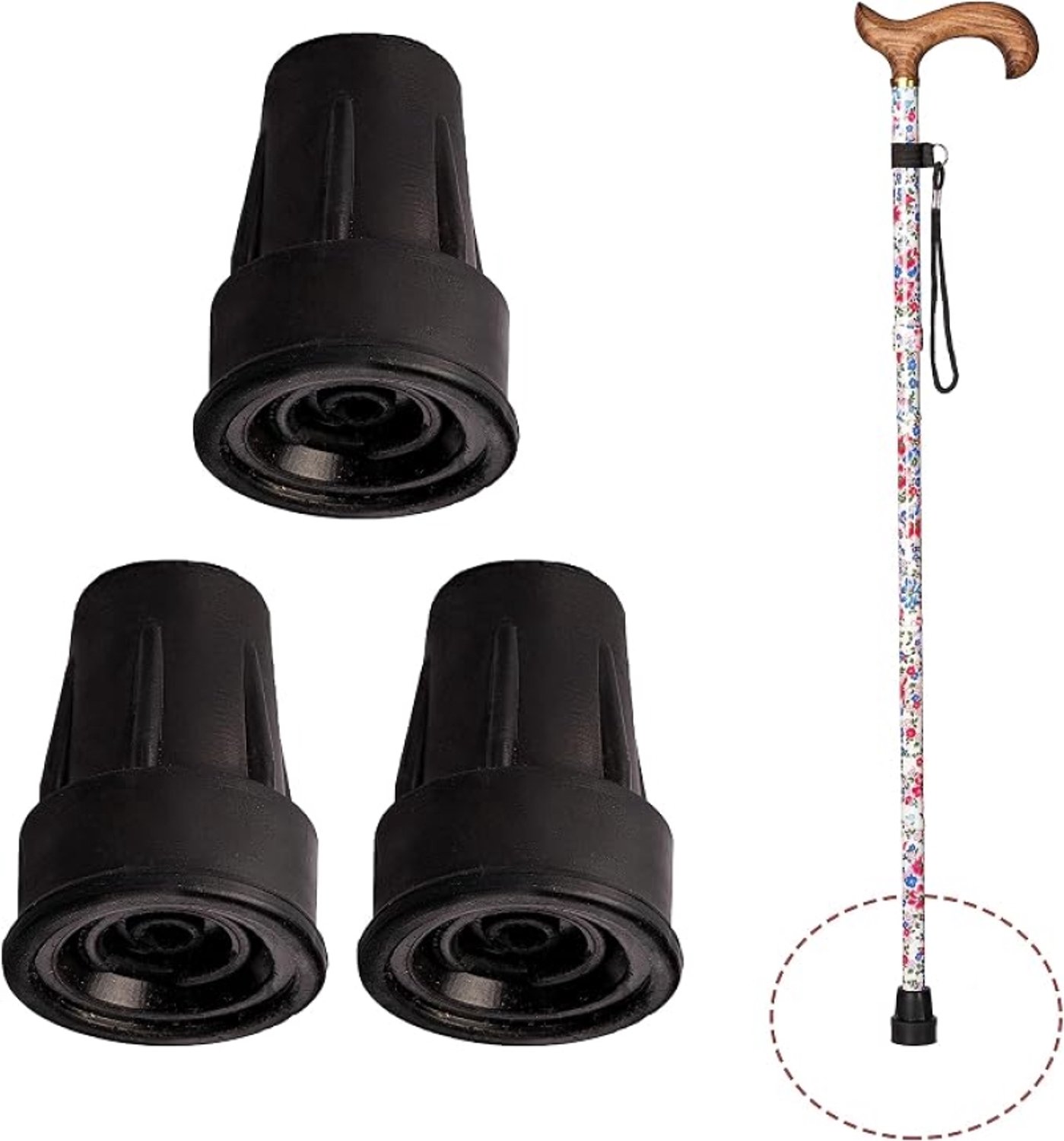 Arvion 3-pack rubberen antislip doppen voor wandelstokken en krukken, 17/18/19 mm, zwart, met metalen ring