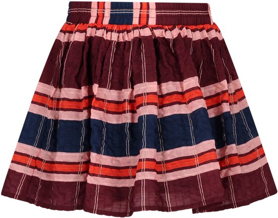 Geplooide rok met elastische tailleband in bordeaux, roze, oranje en donkerblauwe horizontale strepen.