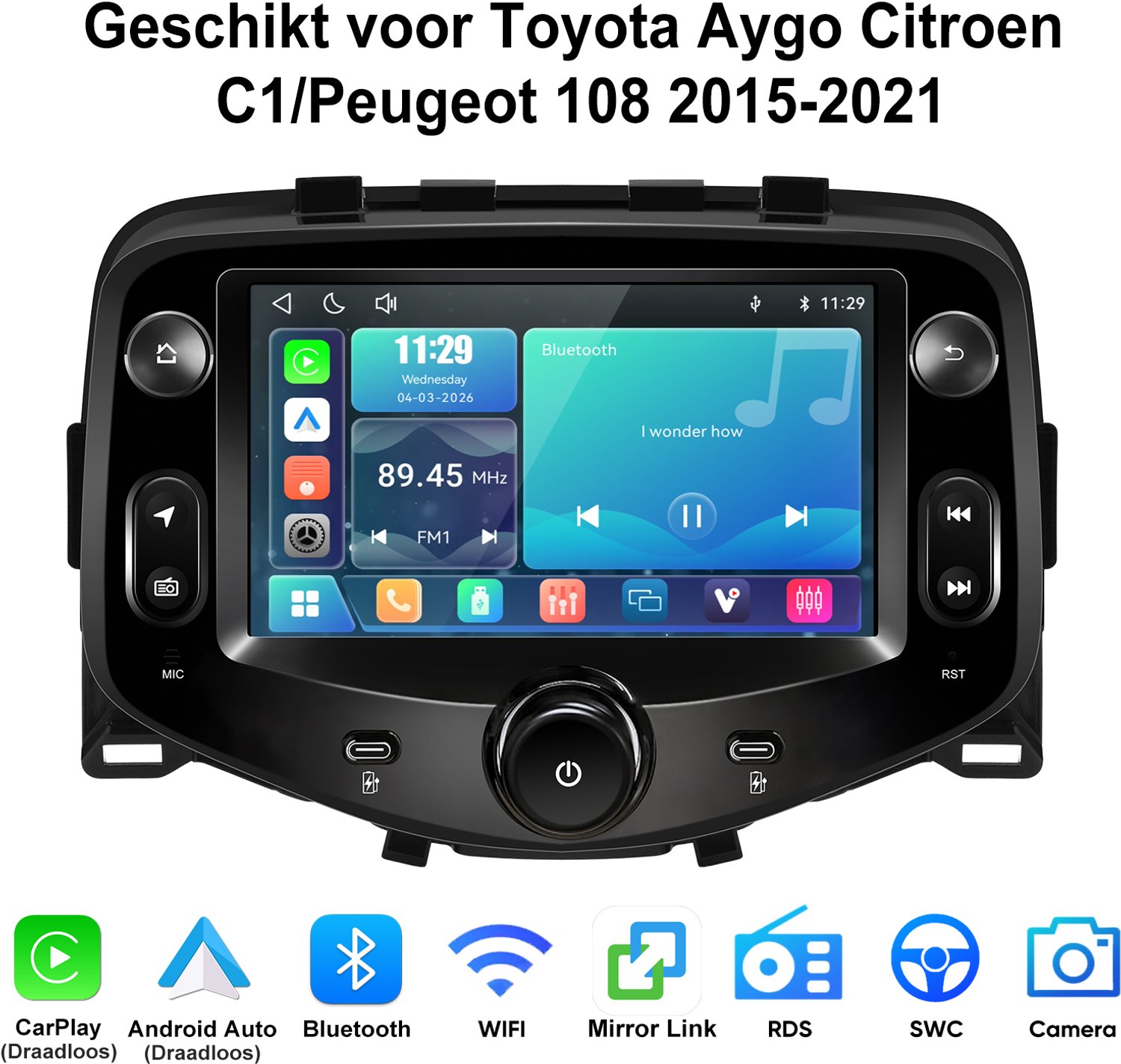 Junsun Linux Draadloze CarPlay & Andriod Auto Autoradio Geschikt voor Toyota Aygo Citroen C1/Peugeot 108 2015-2021 - 7 inch Touchscreen - Stuurwielbediening - WiFi - RDS - USB