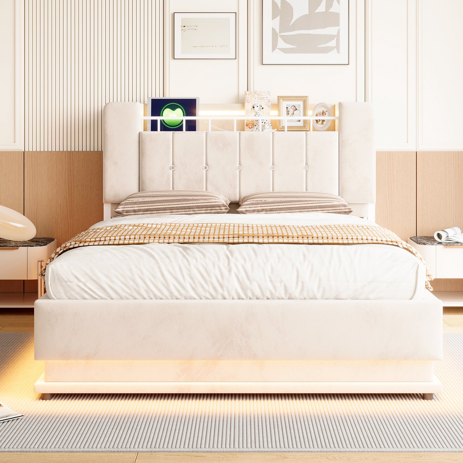 Merax Gestoffeerd bed 140 x 200 cm - met LED-verlichting - USB-poort en opbergruimte - metalen frame - beige - zonder matras