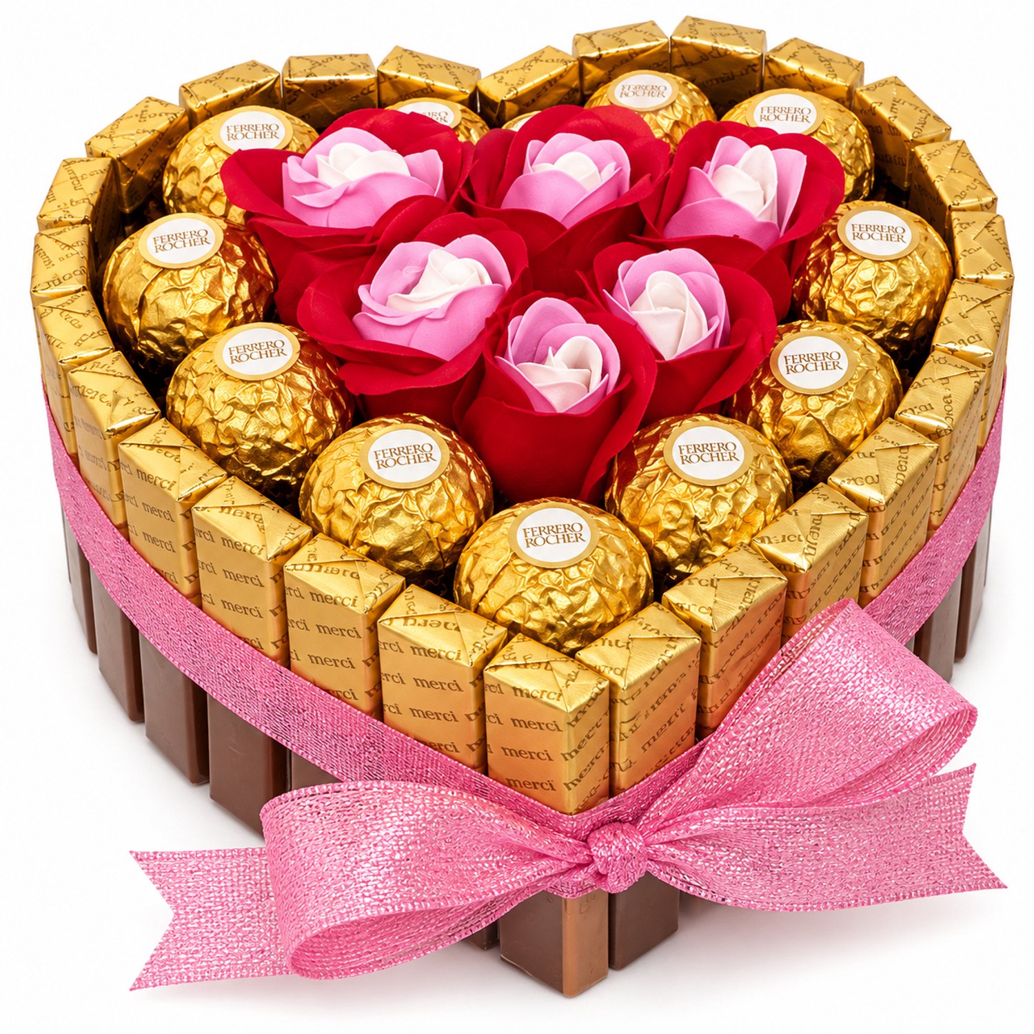 Nina's Giftshop® Chocolade Hart met Merci & Ferrero Rocher – Rode & Roze Zeeprozen – Roze Lint – Valentijn Cadeau – Chocolade Geschenk – Cadeau voor Hem & Haar – Liefdescadeau