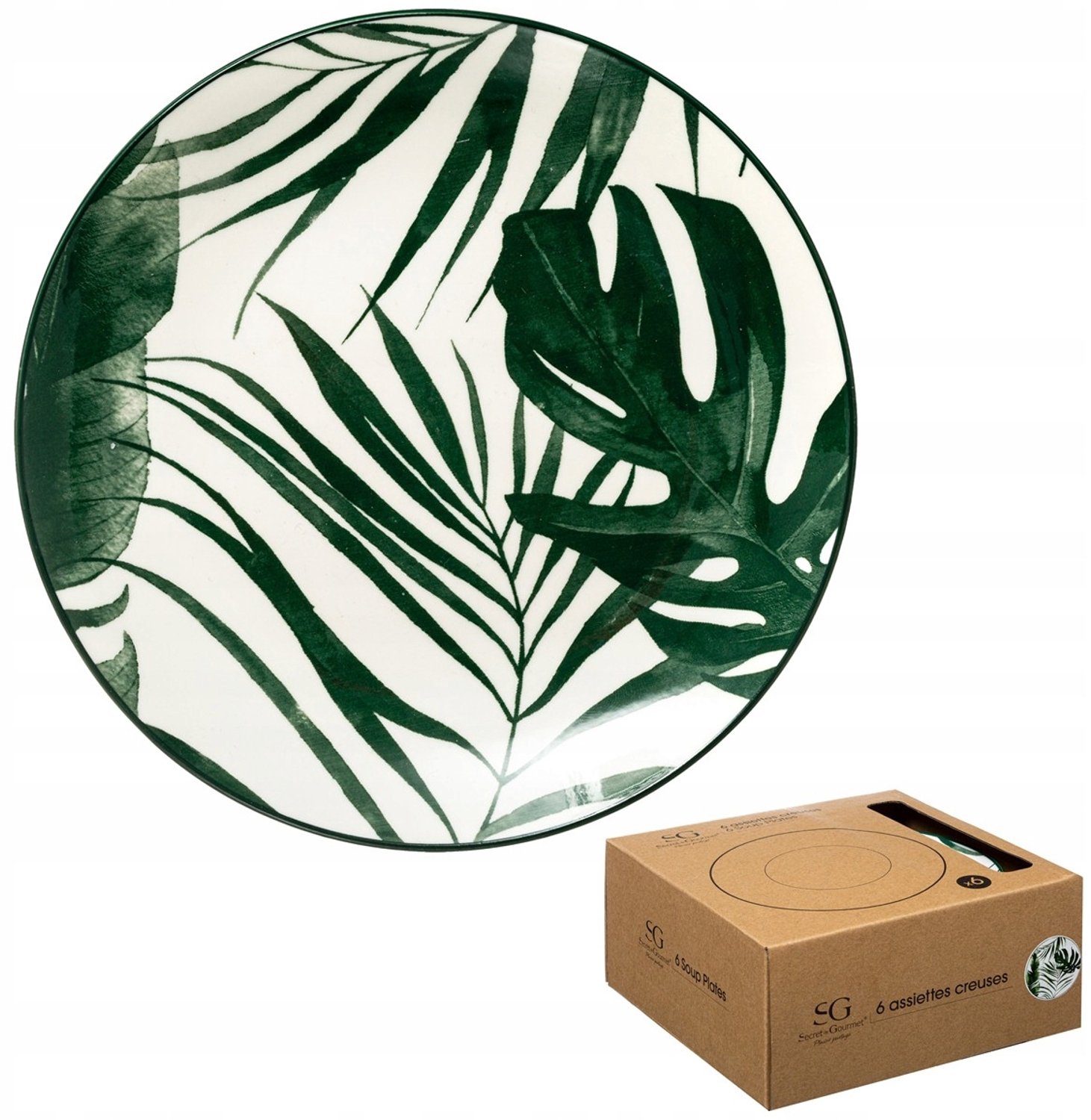Set van 6 diepe soepborden, 20 cm, groen bladmotief
