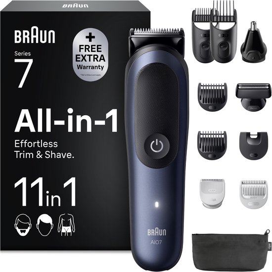 Braun Series 7 All-in-1 trimmer met diverse opzetstukken, een scheerapparaat, neustrimmer en opbergzakje.
