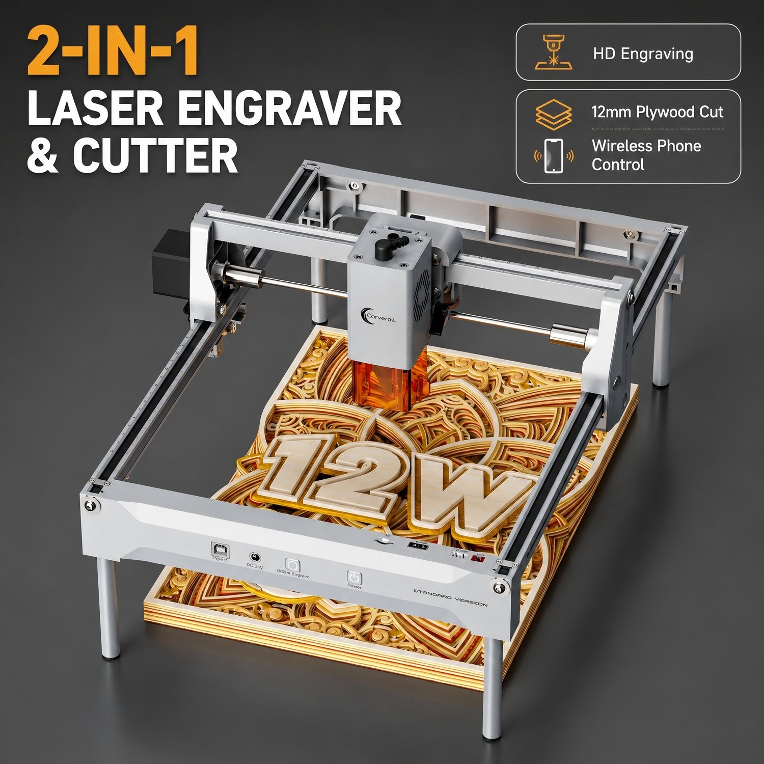 Lasergraveermachine K15 Pro Met Risers - 12W Vermogen - 49x34x27 cm Pakketmaat - 4.2 kg Gewicht - USB Wifi Connectie - Voor Hout Acryl Leder Glas