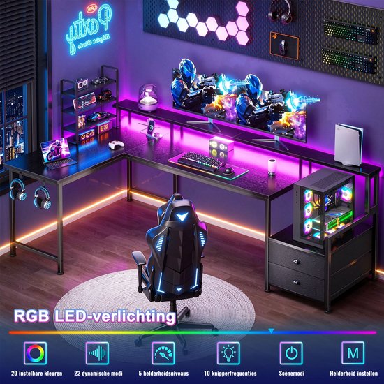 L-vormig bureau met RGB LED-verlichting, instelbaar in 20 kleuren, 22 modi en 5 helderheidsniveaus.