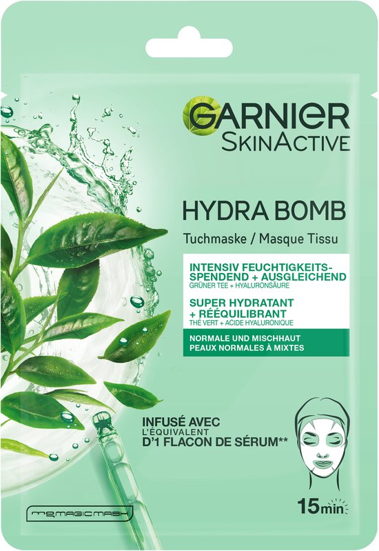 Garnier Hydra Bomb Tuchmaske met groene thee en hyaluronzuur, verfrissend.