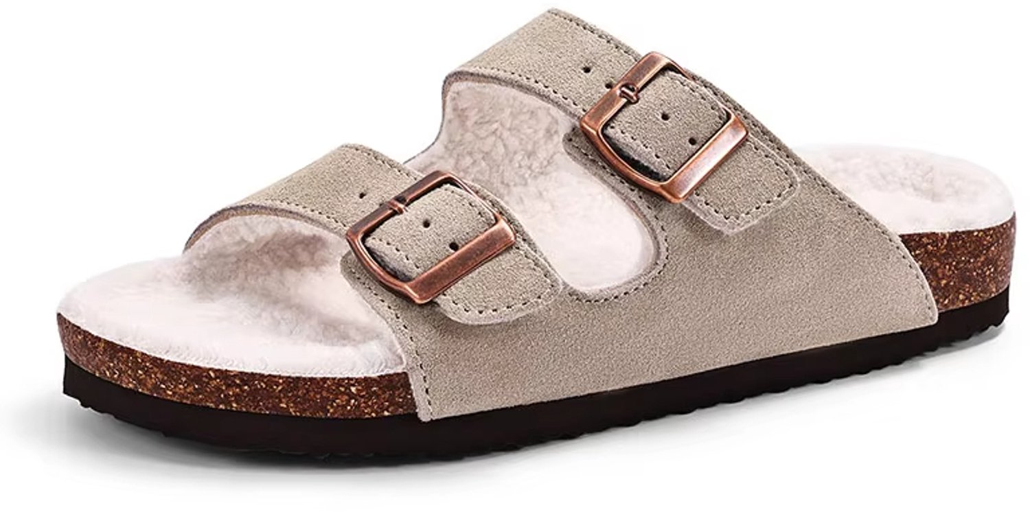 Homaxy- uniseks sandalen – suède – nep-lammy slippers – houten klompen – grijs - 39