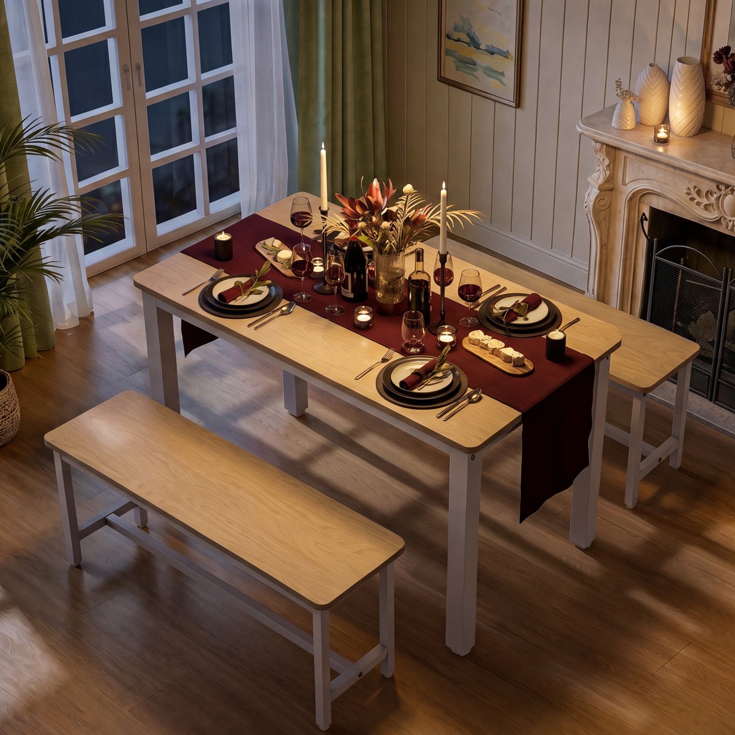 Eettafel met 2 banken, 110 × 60 × 76 cm, Voor 4-6 personen，ruimtebesparende eetset, Scandinavisch design, licht hout met wit metalen frame