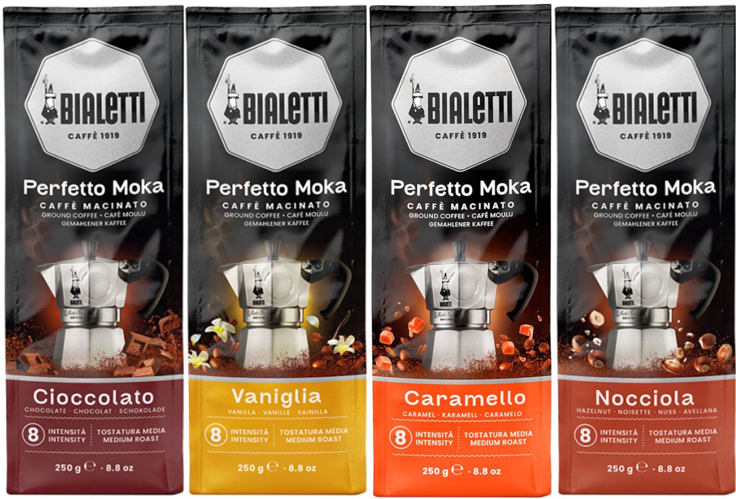 Bialetti Perfetto Moka Nocciola Caramello Vaniglia Cioccolato - Mixverpakking - Gemalen Koffie - 1000g (4x250g)
