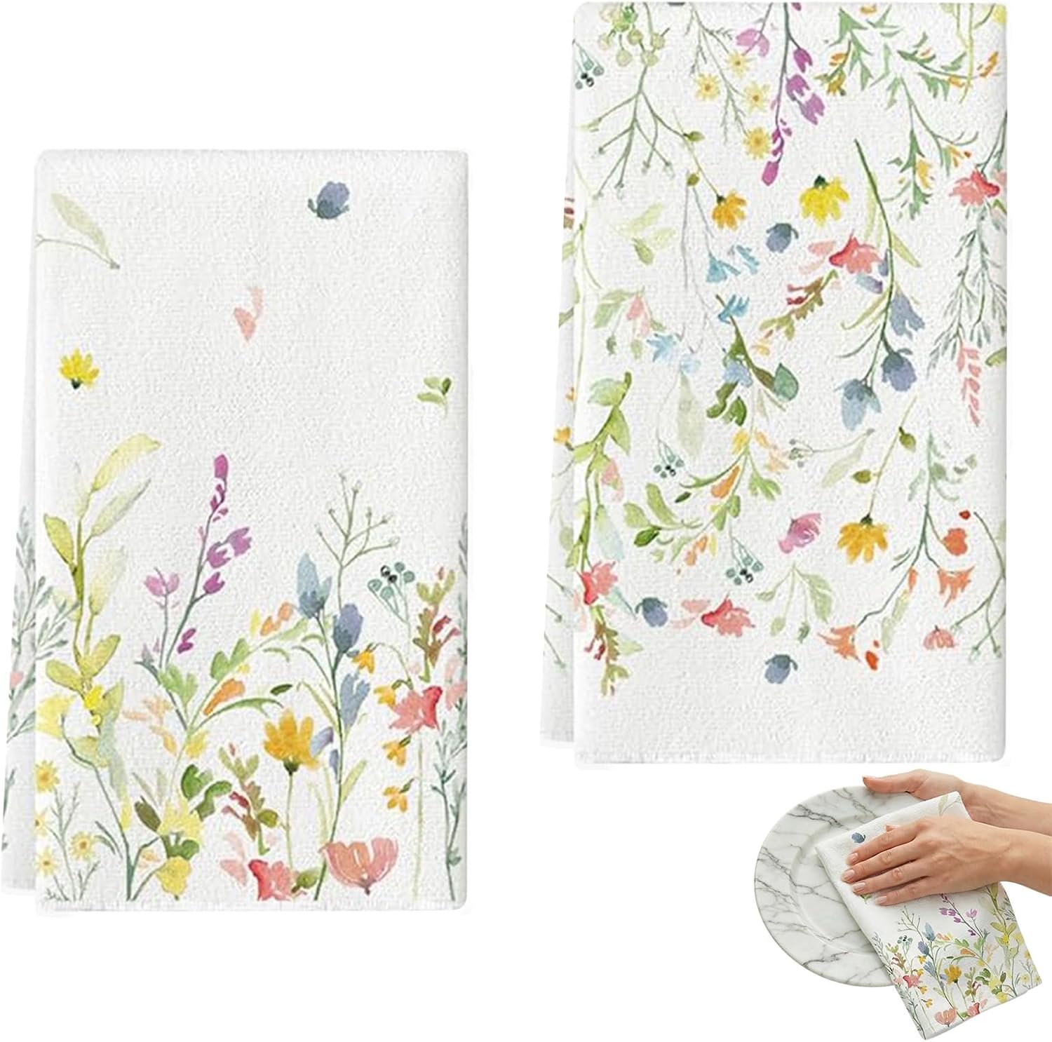 Set van 2 lente keukendoeken wilde bloemen theedoeken, paaskeukendoek katoen, lente bloemen theedoek, keuken lente decoratie (C)
