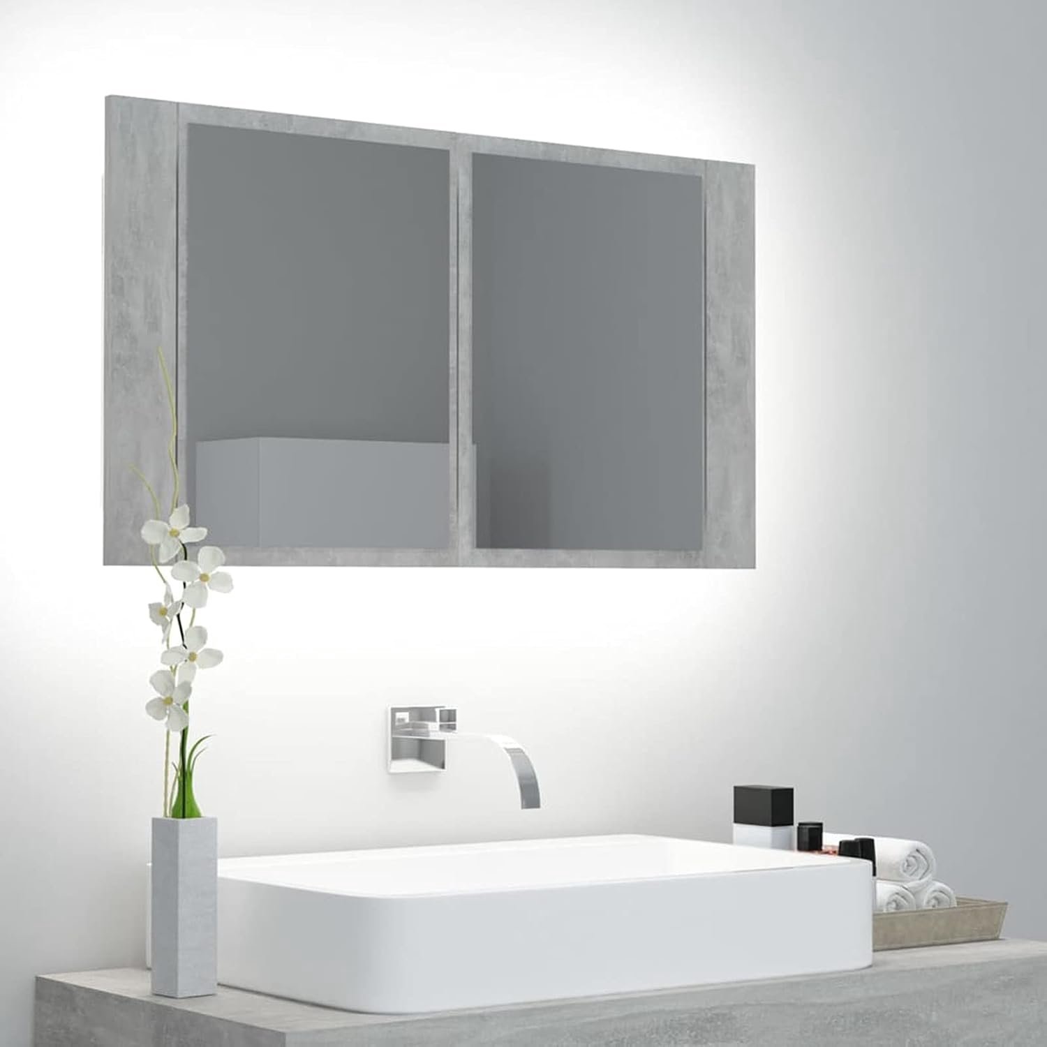 Spiegelkast met RGB-lamp, badkamerspiegel badkamerspiegel hangkast badkamerkast wandkast betongrijs 80x12x45 cm