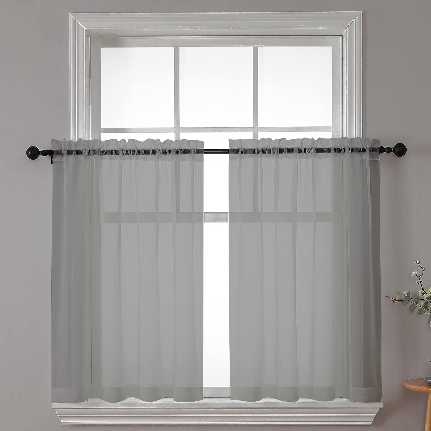 Raamgordijnen met 2 lagen set, 91 cm lengte, korte eetkamergordijnen, raambekleding voor kleine ramen/badkamer/café/woonkamer, roedezak, antracietgrijs
