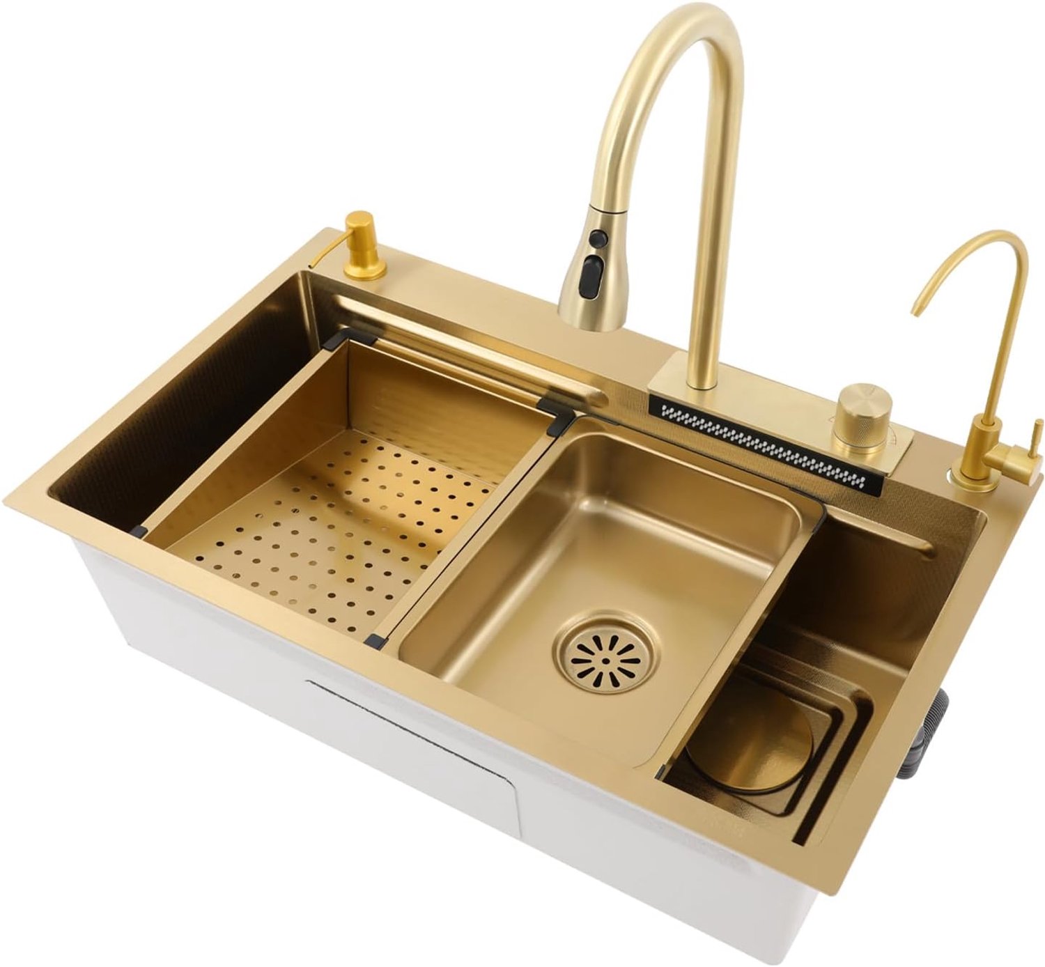 Keukenspoelbak, 75 x 46 cm, inbouwspoelbak, goud, onderbouw/opzetstuk, met uittrekbare douche, moderne spoelbak voor keuken, badkamer, gastronomie en huishoudens