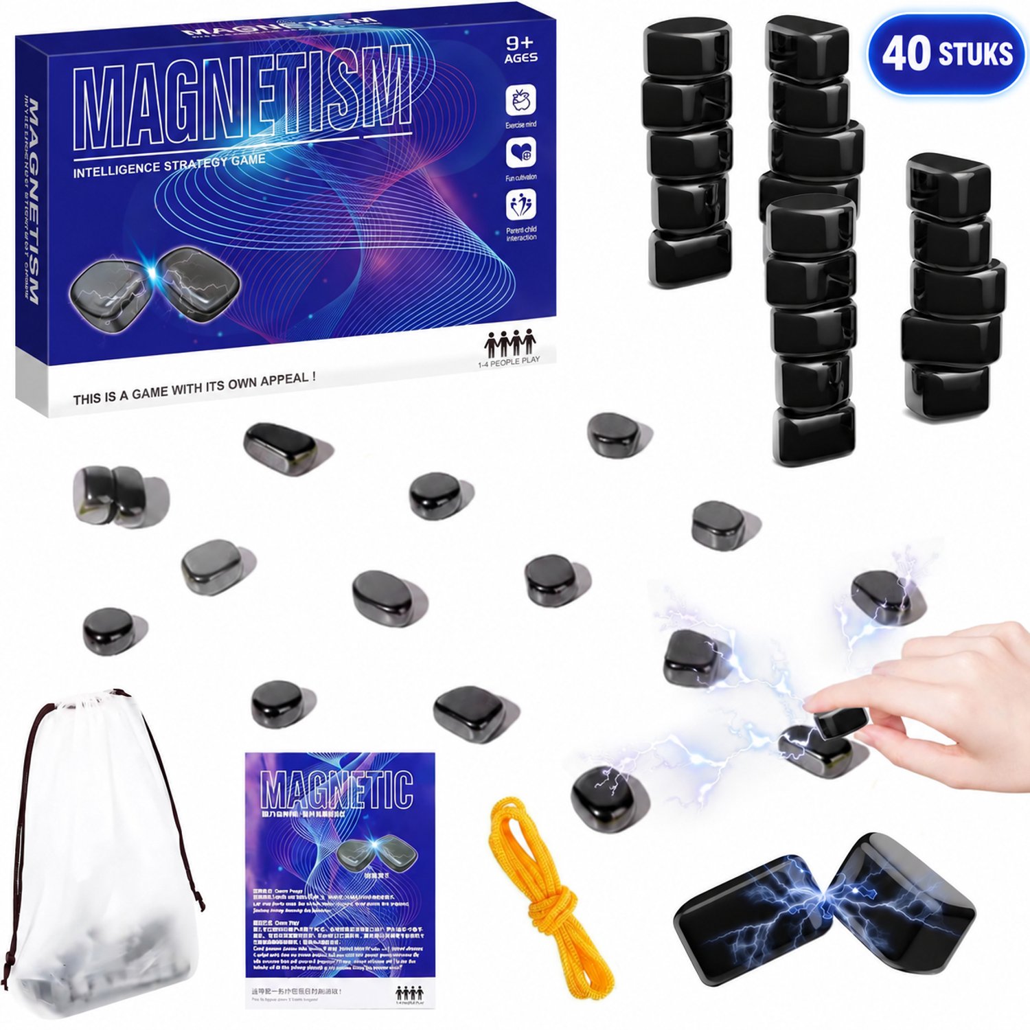 Flero Magnetisch Strategiespel XL - 40 Magneetstenen met Dobbelstenen en Opbergzak - Reisspel voor 1 tot 4 Spelers - Breinbreker vanaf 6 Jaar - Strategisch Denkspel, Campingspel, Familiespel, Origineel Cadeau