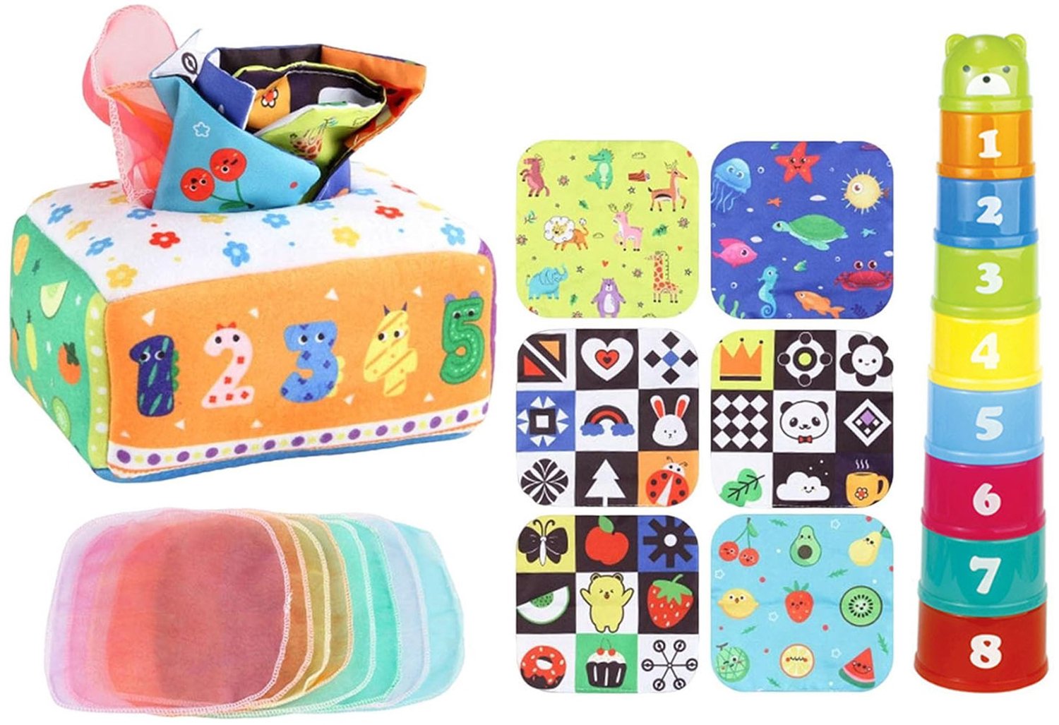 Baby Speelgoed 6‑12 Maanden | Montessori Speelgoed Set, Magische Zakdoekendoos & Stapelbekers, Educatief Sensorisch Speelgoed, Cadeau voor Baby Verjaardag
