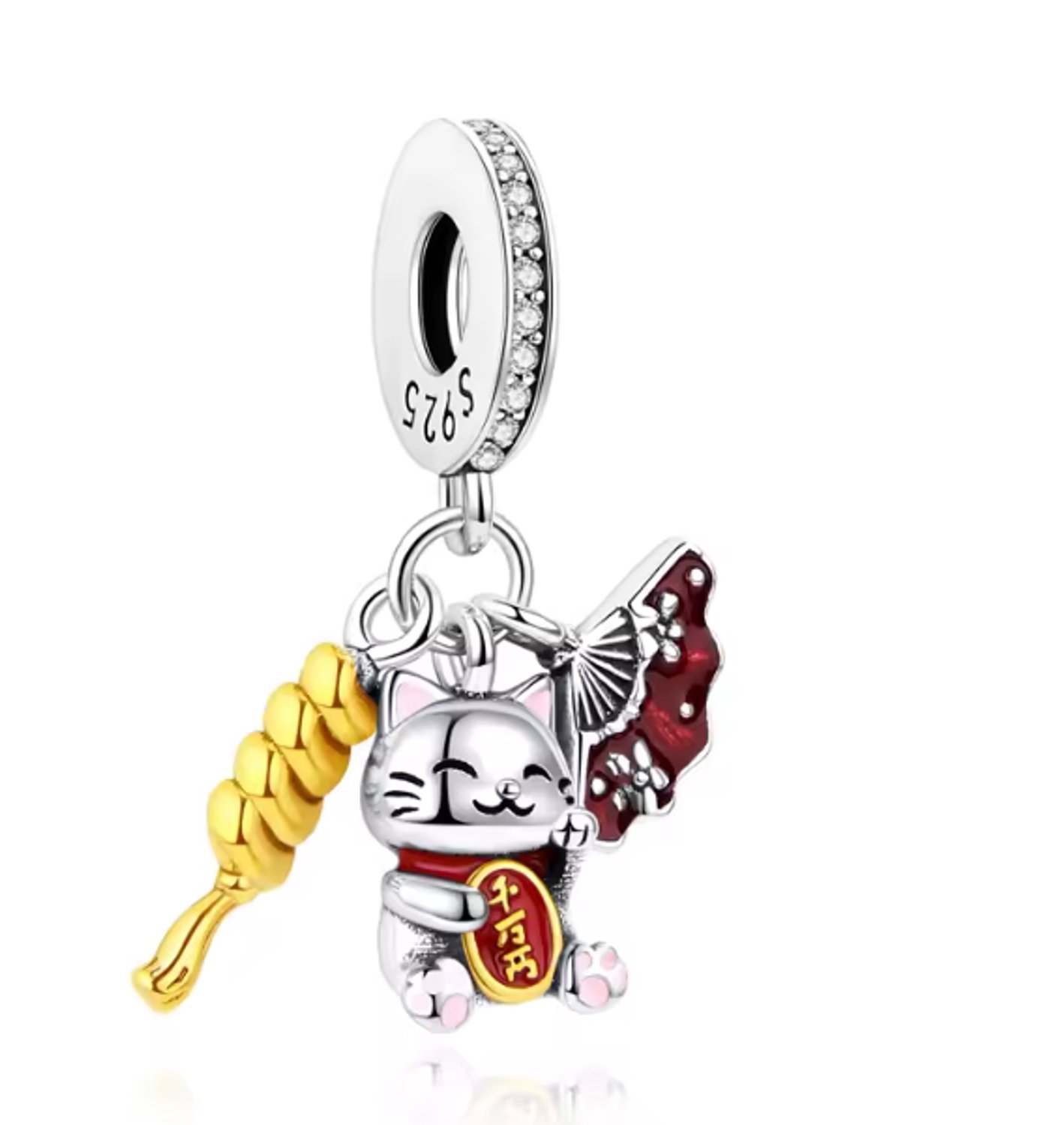 Fler® | Bedel | Past op populaire bedelarmbanden (standaard - 3mm) | Gelukskat Bedel – Maneki Neko – Japan – Geluksbrenger | Hangbedel Charm | 925 sterling zilver | Transparante zirkonia |Rode, Roze & Zwarte emaille |Valentijnsdag Cadeau |Sinterklaas