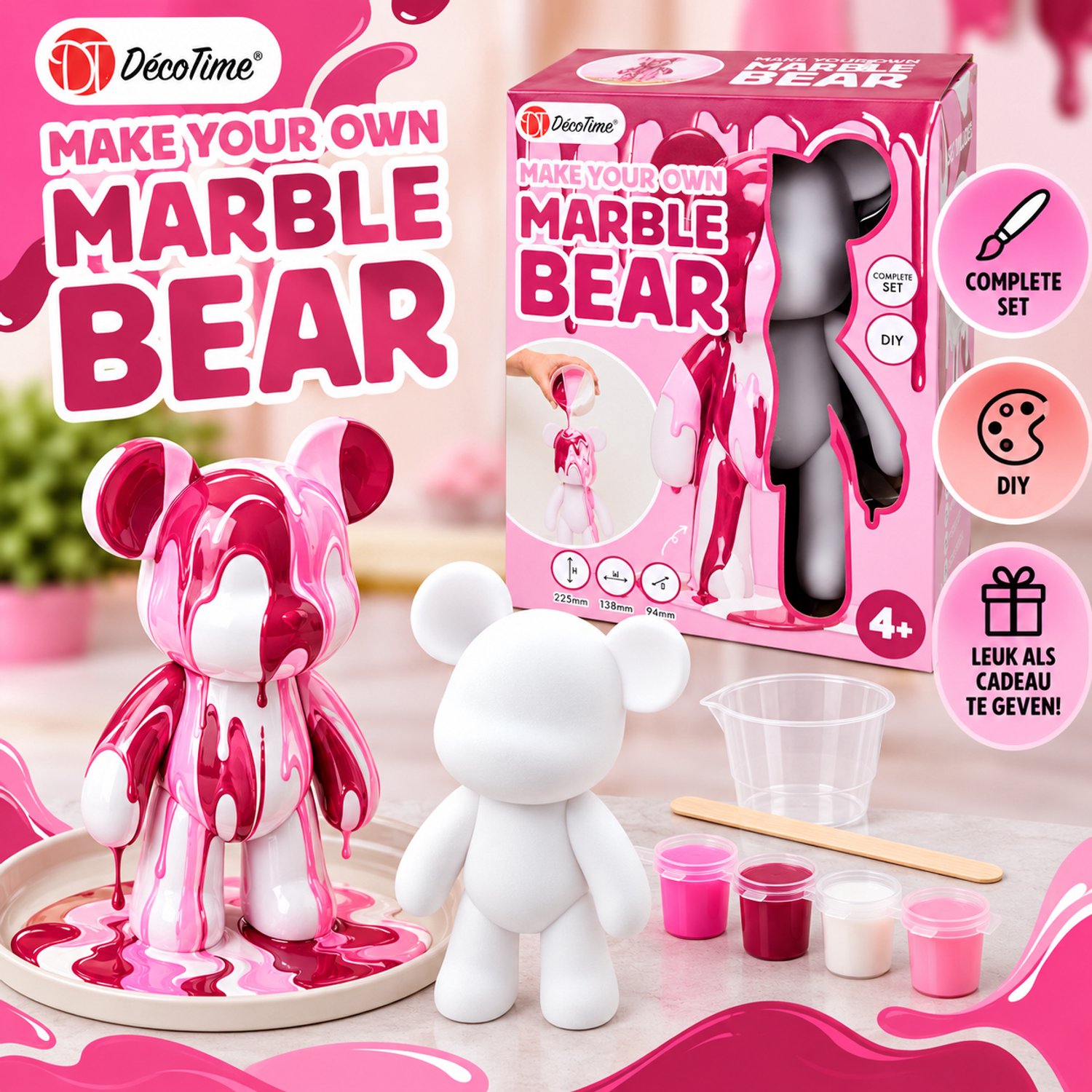 DécoTime Make Your Own Marble Bear – DIY Knutselset – Beer Beschilderen met Marble Effect – Complete Creatieve Set – 22,5 cm – Vanaf 4 Jaar