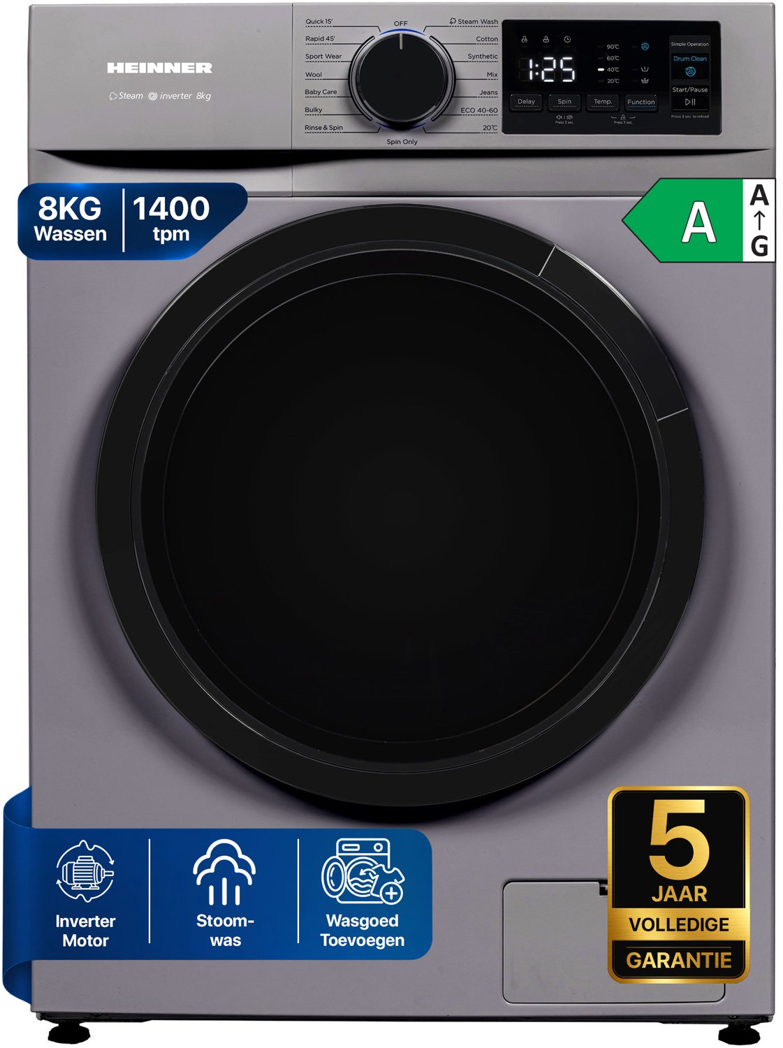 Heinner HWM-M814IVNSA+++ Slanke Wasmachine 8 kg – 15 programma’s – 1400 tpm – Energieklasse A – Inverter Motor – LED-Display – Kinderslot – Zilver – 5 Jaar Garantie