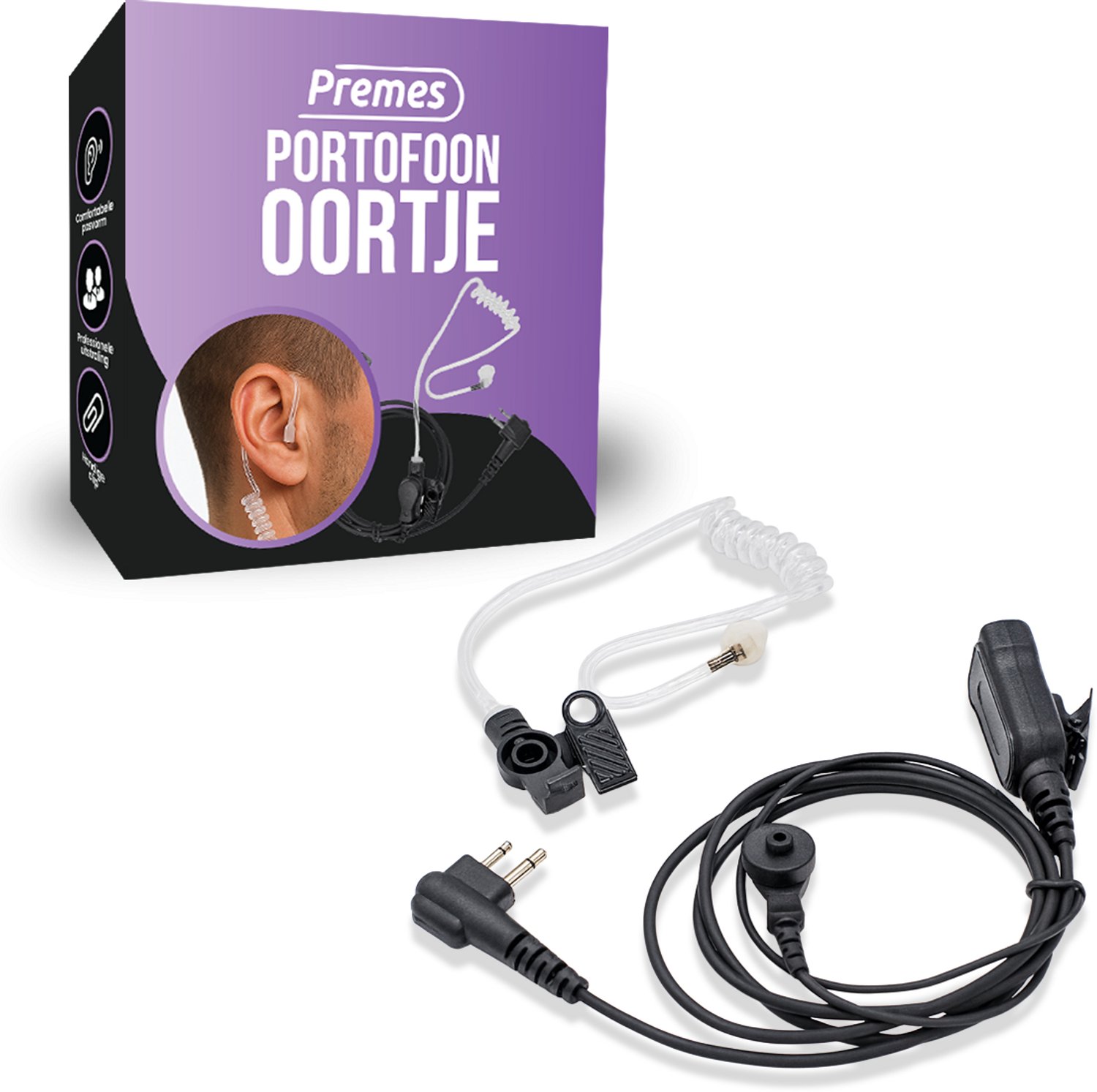 Premes Portofoon Oortje – Surveillance Oortje – Kenwood 2-Pin Aansluiting – PTT Microfoon – Transparant Oortje – Beveiliging & Horeca