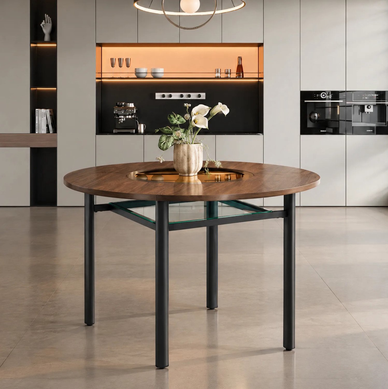 CHICFURN Eettafel - 4 personen - glasinleg - metalen frame - bruin zwart