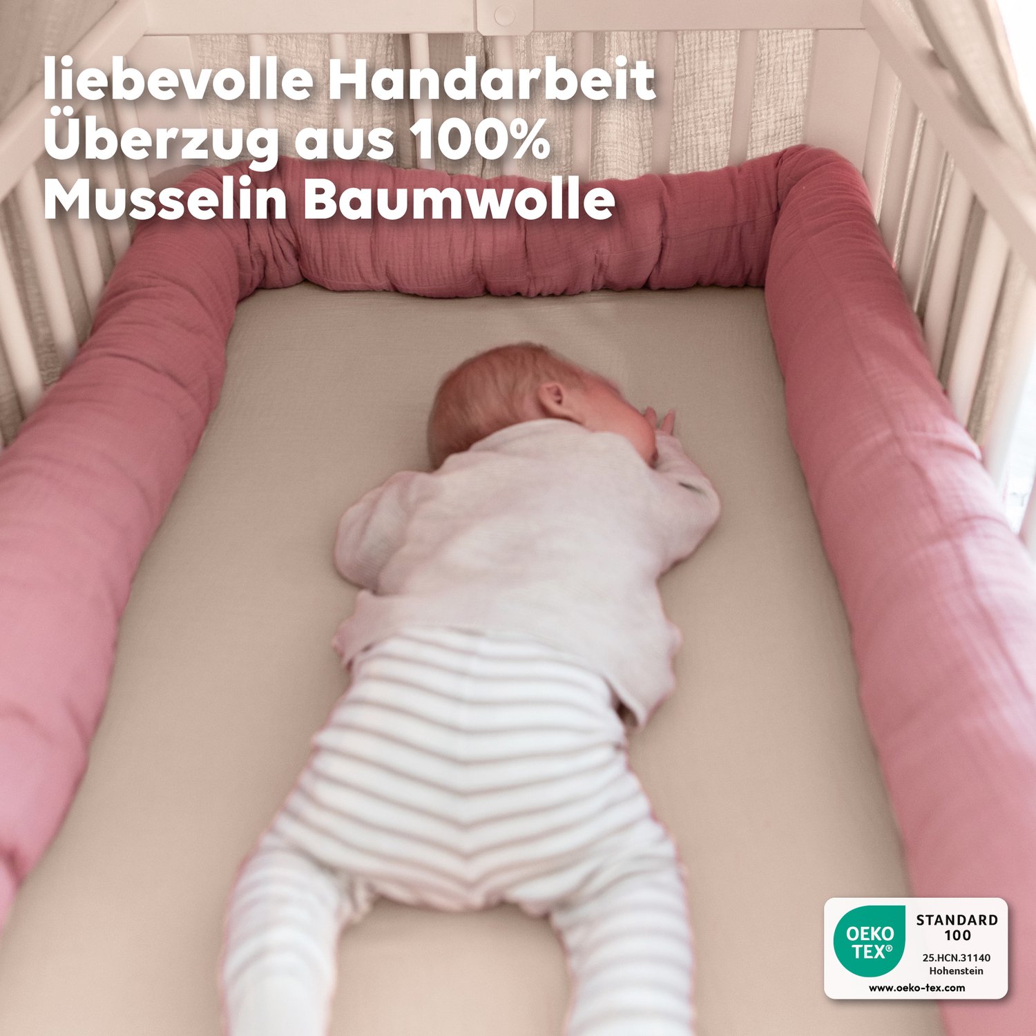 LILIMAUS Bedomrander 300 cm - bedslang voor ledikant en kinderbed - mousseline katoen - oudroze