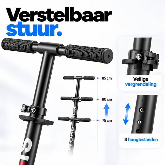 Zwarte Suotu step met in drie standen verstelbaar stuur (75, 80, 85 cm) en veilige vergrendeling.