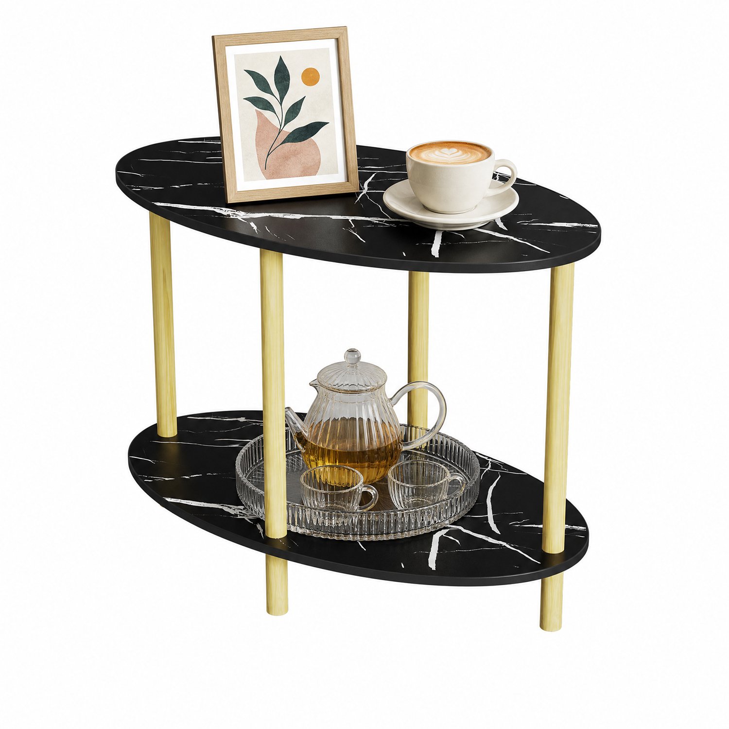 PIPIPOXER Ronde Salontafel -Dubbele laag- Kleine Salontafel- Woonkamer Bijzettafel - Tafel - Bijzettafels -70 x 40 x 43 cm - Zwart