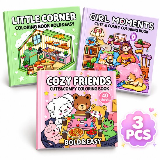 Set van drie kleurboeken met vrolijke covers, inclusief Cozy Friends, Little Corner en Girl Moments.