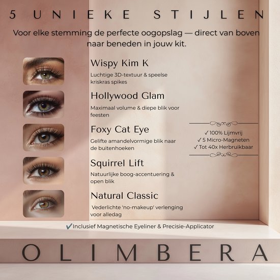 Olimbera kit met 5 magnetische wimperstijlen: Wispy Kim K, Hollywood Glam, Foxy Cat Eye, Squirrel Lift en Natural Classic.