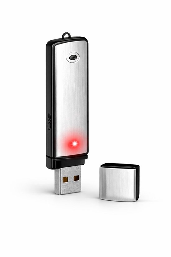 Zwarte USB-voice recorder met zilveren behuizing en knipperend rood opnamelampje, inclusief losse dop.