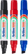 Drie Artline 100N permanente markers in zwart, rood en blauw met beitelpunt.