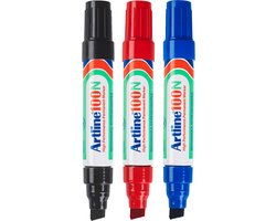 Artline 100 NEAT Permanent Markers - Set van 3 markers - Met een beitelpunt van 7,5 - 12mm - Zwart, Blauw & Rood