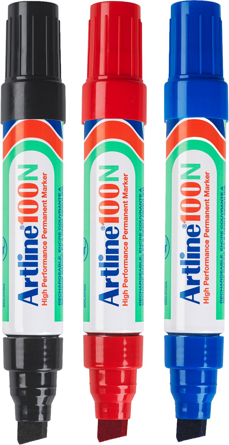 Artline 100 NEAT Permanent Markers - Set van 3 markers - Met een beitelpunt van 7,5 - 12mm - Zwart, Blauw & Rood