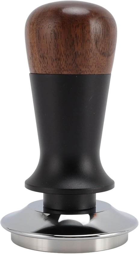 Espressotamper met een houten bovenkant, zwarte middenstuk en een metalen basis.