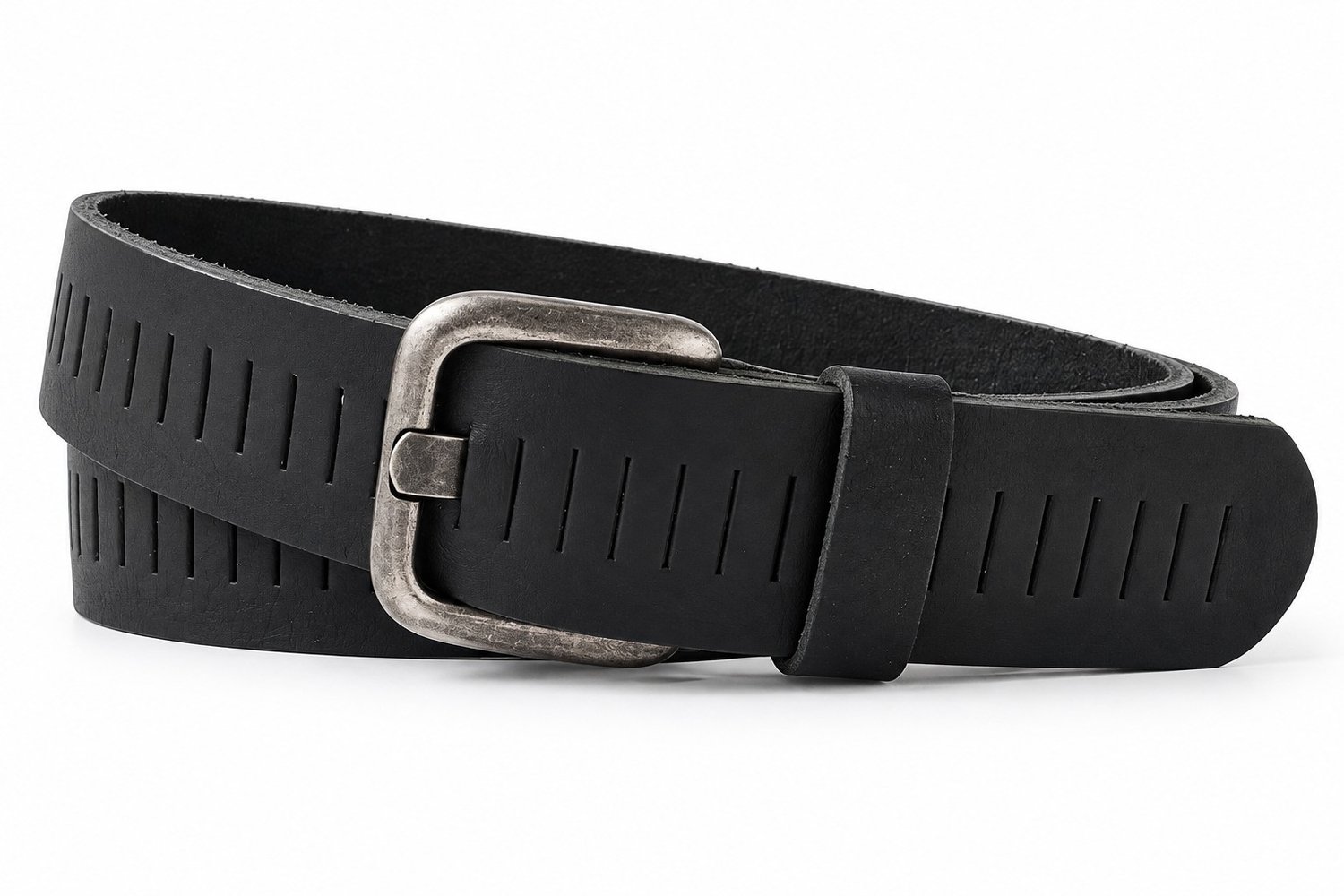 Zwarte Leren Riem Dames & Heren met Fijne Gleufjes – 4 cm Breed – Stoere Jeansriem van Echt Buffelleer- Maat 105 (totale lengte 120) Broekriem - Donkere Gesp