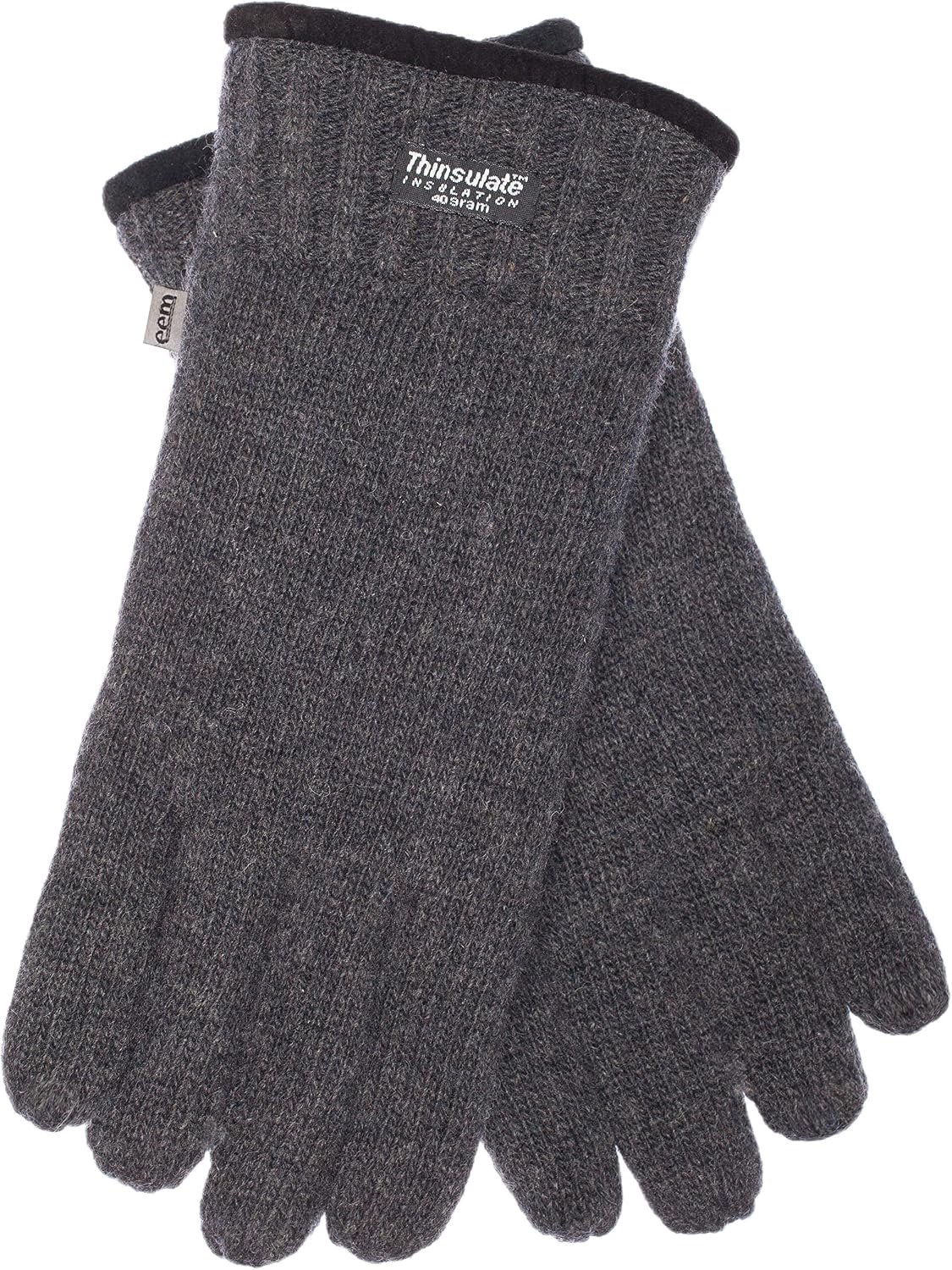 EEM Heren Gebreide Handschoenen - Wol, Thinsulate Voering, Lederen Manchet