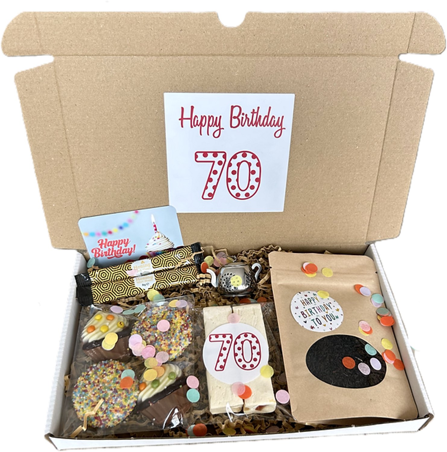 70 Verjaardag thee brievenbus cadeau - nougat - chocolade - honing - theezeefje