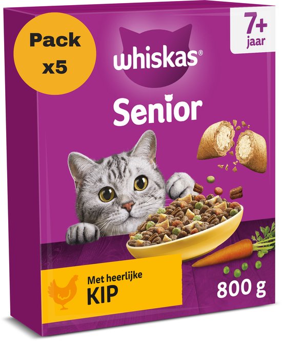 Paarse verpakking Whiskas Senior 7+ kattenbrokken met kip, afbeelding van een grijze kat en een schaaltje brokken.