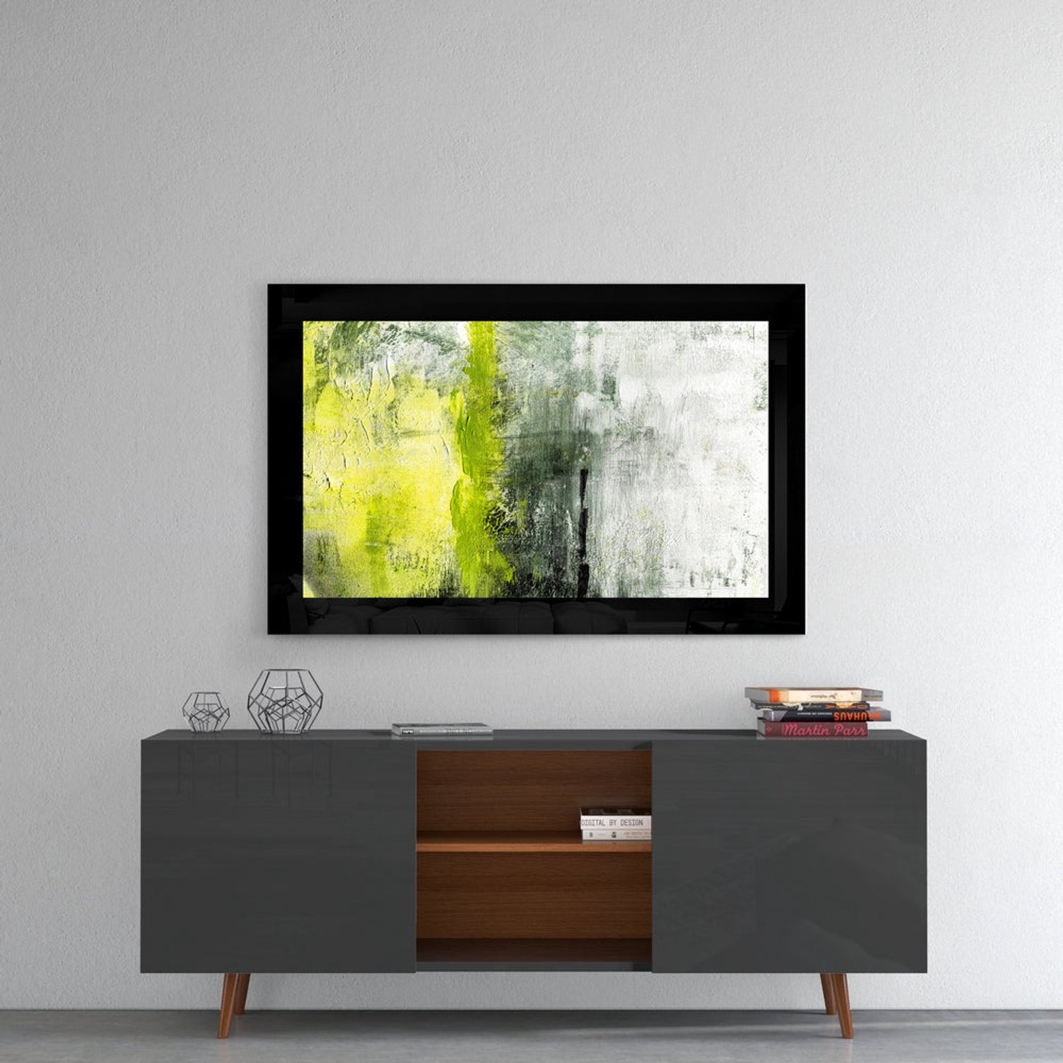 Glasschilderij – Limoengele en Grijze Abstracte Textuur – Artistieke Wanddecoratie
