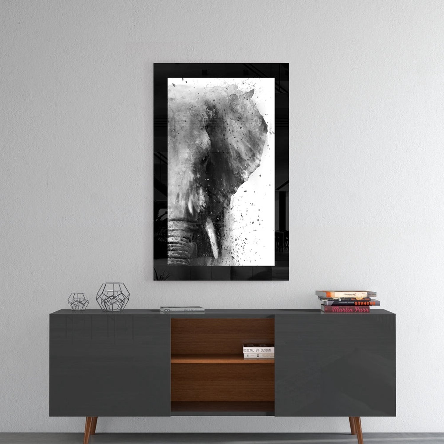 Glasschilderij – Olifantenportret met Waterverfspetters – Moderne Kunstdecoratie