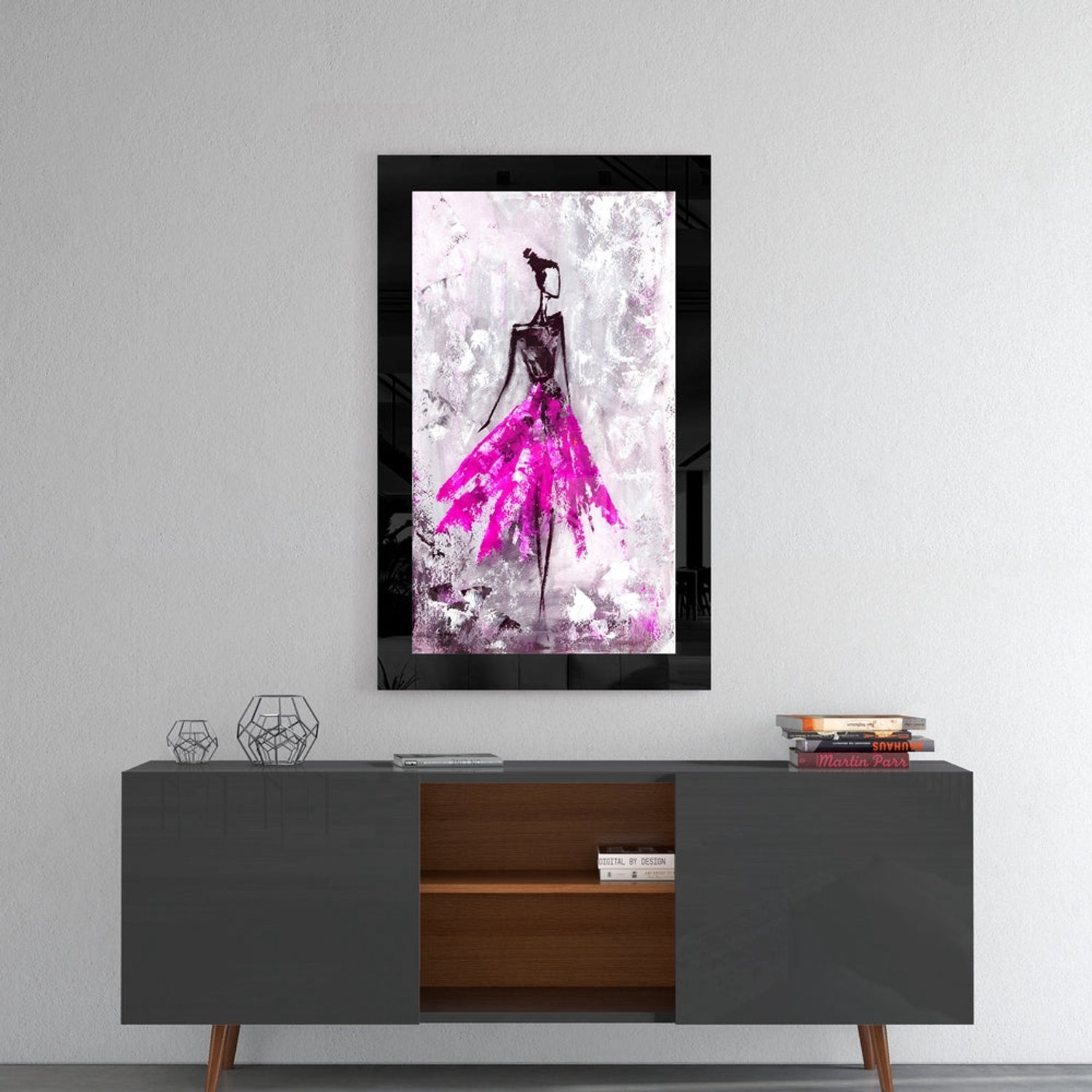 Glasschilderij – Abstracte Danseres met Magenta Rok – Unieke Wandkunst