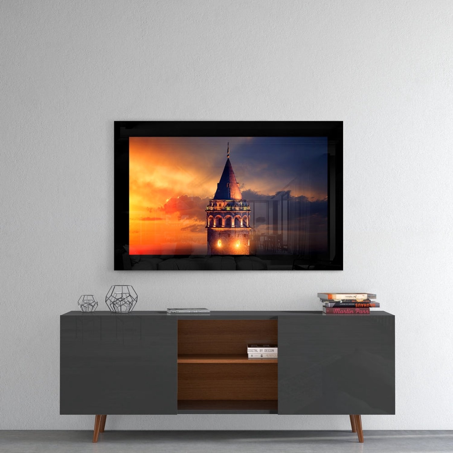 Glasschilderij – Silhouet van de Galatatoren bij Zonsondergang – Eigentijdse Wanddecoratie