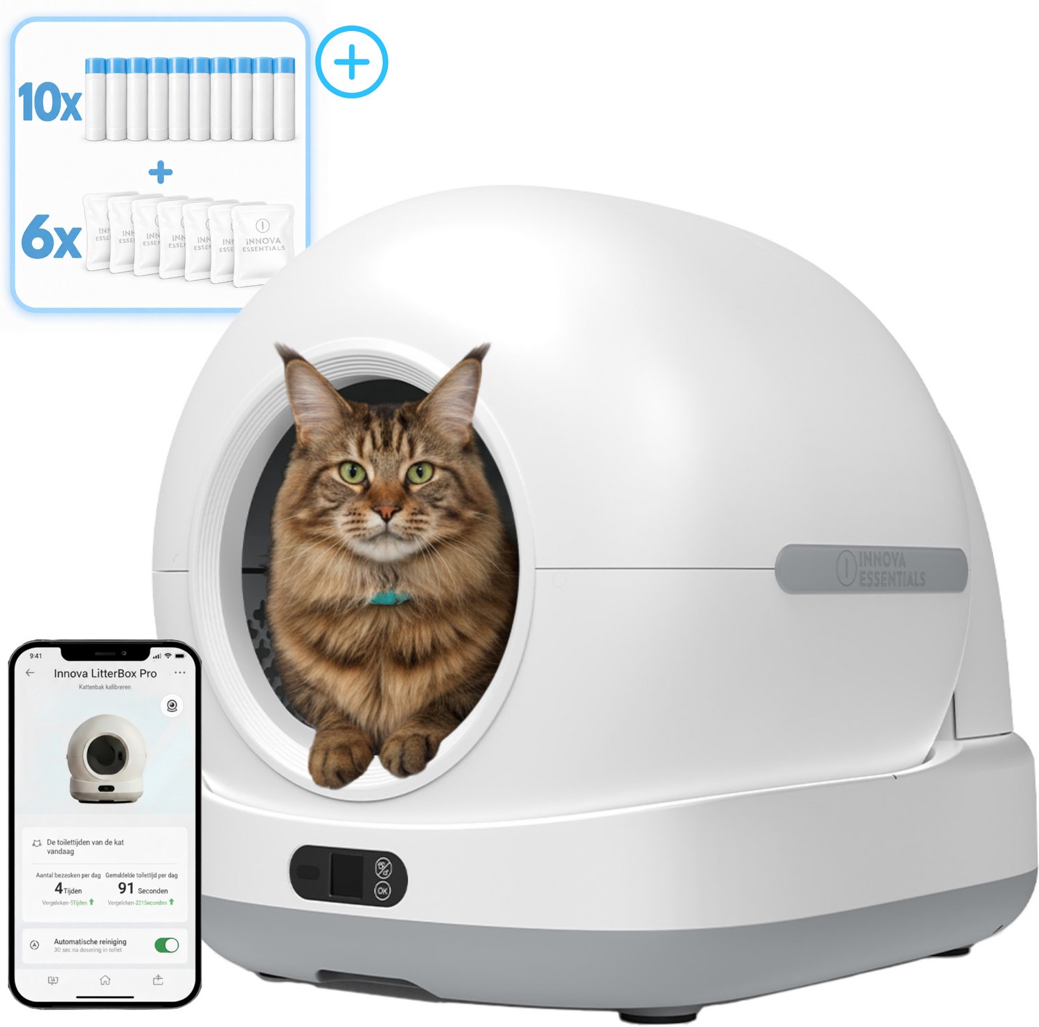 Innova® LitterBox Pro XXL Plus - Automatische Kattenbak - Zelfreinigende Kattenbak - Inclusief App - 82L - Met kattenbakmat en 10 rollen opvangzakjes