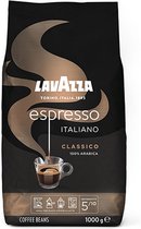 Zwarte zak Lavazza Espresso Italiano Classico koffiebonen van 1kg, met afbeelding van een espressokopje en intensiteit 5/10.