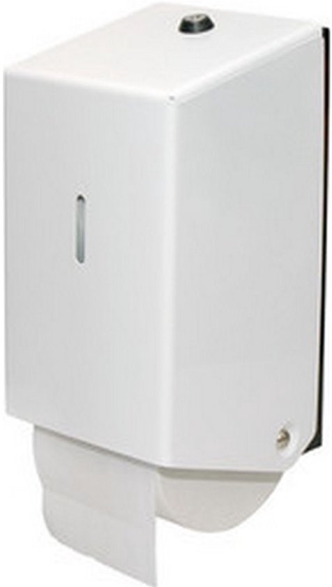 Witte stalen Euro Matic doprol-dispenser met kijkvenster voor wandmontage.
