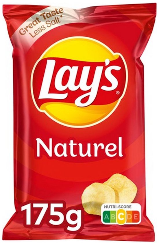 Rode zak Lay's Naturel chips, 175g, met tekst 'Great Taste Less Salt' en Nutri-Score B-label.